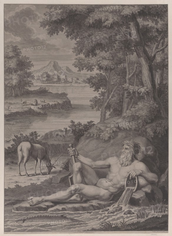 River god in a landscape, 1725. Creator: Frederik Ottens.