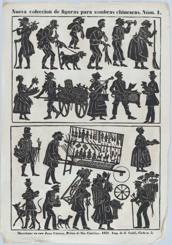 Sheet 1 of figures for Chinese shadow puppets, 1859. Creator: Juan Llorens.
