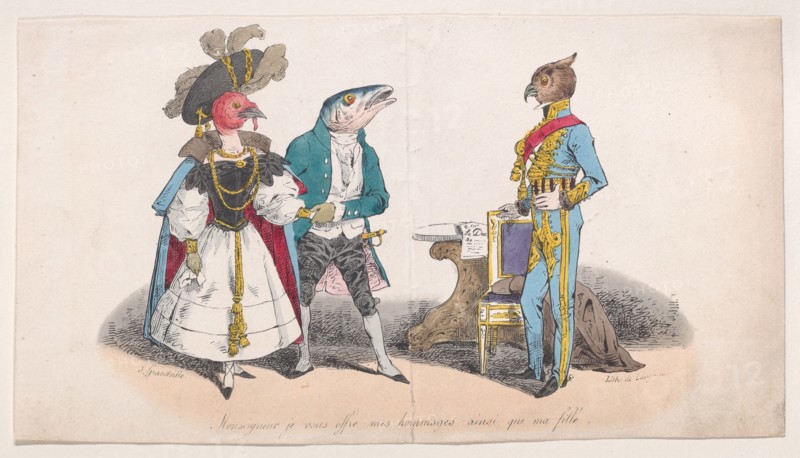 Sir, I offer you my respects and my daughter from Metamorphoses of the Day, 1829. Creator: Pierre Langlumé.