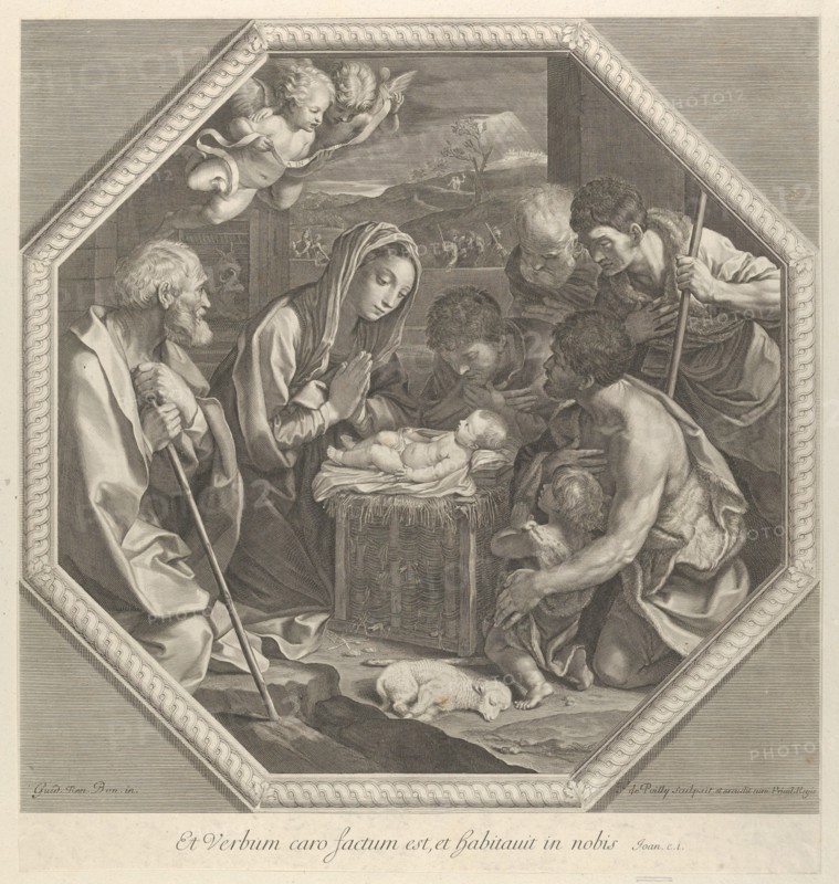 The adoration of the shepherds who kneel together at right before the infant Christ..., ca. 1655-93. Creator: François de Poilly.