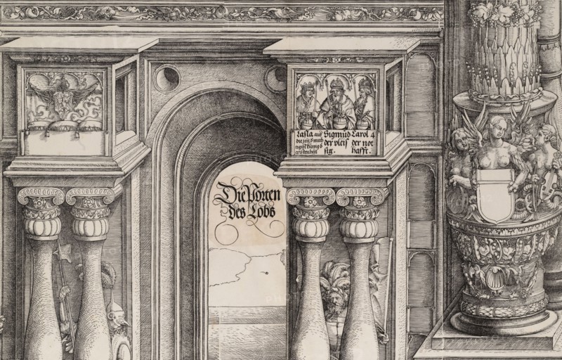 The Arch in the Entryway of the Left Portal (Die Porten des Lobs); and the Outer Left Colu..., 1515. Creator: Hans Springinklee.