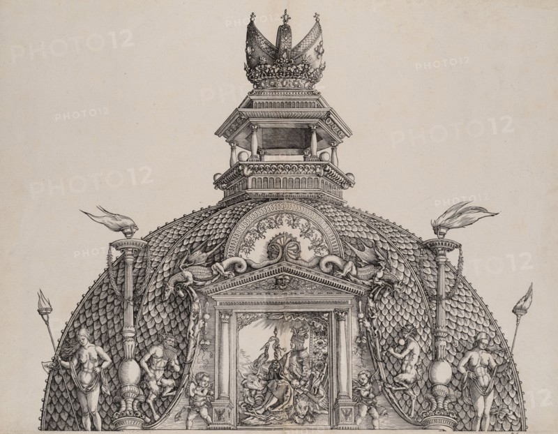 The Cupola and Imperial Crown on the Central Portal, from the Arch of Honor, proof, dated ..., 1515. Creator: Hans Springinklee.