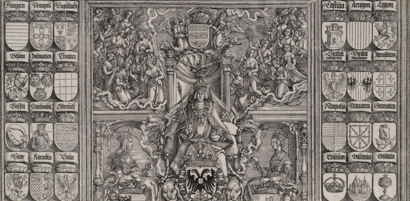 The Emperor Seated on His Throne, Seated Between Joanna of Castile and Mary of Burgundy, A..., 1515. Creator: Hans Springinklee.