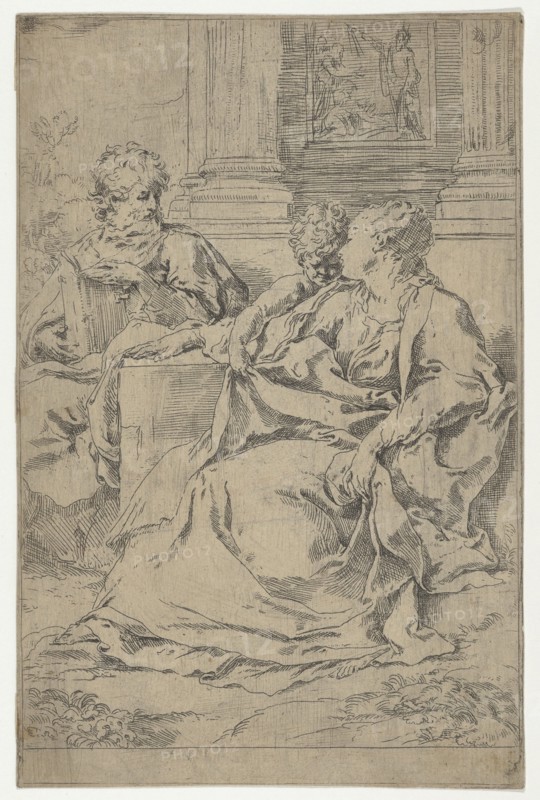 The Holy Family seated together in front of a collonade, Saint Joseph reading and..., ca. 1590-1610. Creator: Guido Reni.