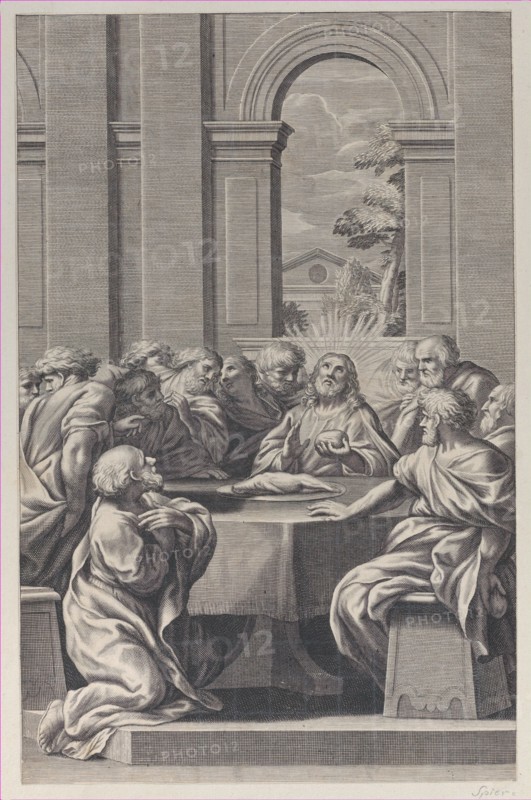 The Last Supper, the interior of a classical building with Christ and his apostles seat..., 1660-81. Creator: François Spierre.