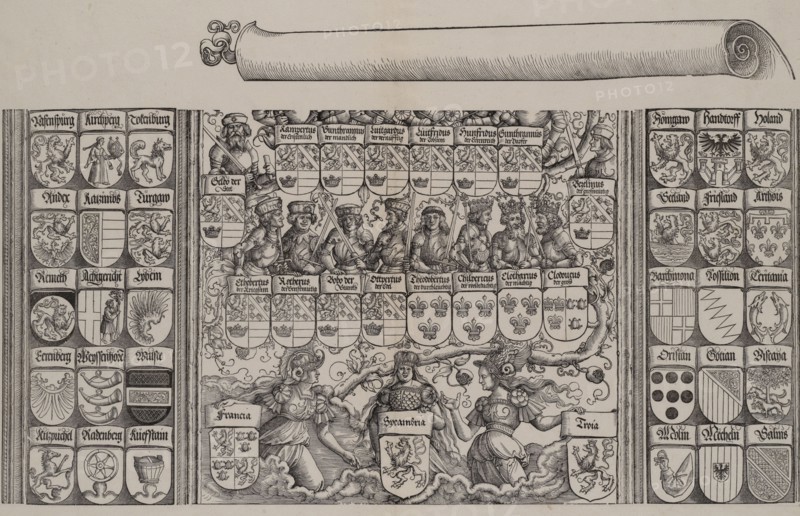 The Lower Portion of the Genealogy of Maximilian; with the Left Edge of the Scroll for the..., 1515. Creator: Hans Springinklee.
