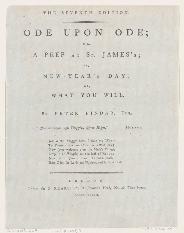 Title Page, from Ode Upon Ode by Peter Pindar, 1787. Creator: George Kearsley.