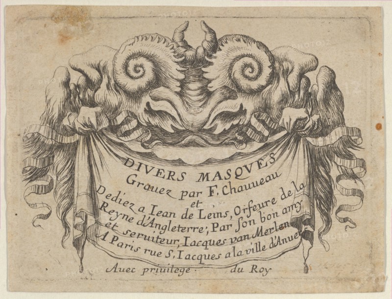 Title Plate with Two Satyr Heads, from Divers Masques, ca. 1635-45. Creator: Francois Chauveau.