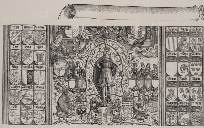 The Upper Portion of the Genealogy of Maximilian; with the Right Edge of the Scroll for th..., 1515. Creator: Hans Springinklee.