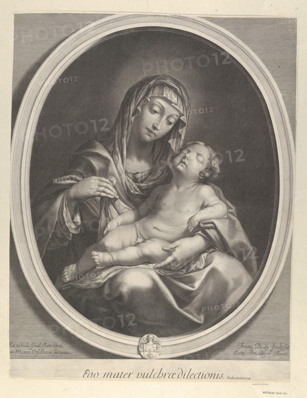 The Virgin seated with the infant Christ sleeping in her lap, in an oval frame, aft..., ca. 1655-70. Creator: François de Poilly.