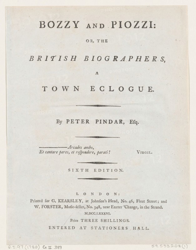 Title Page, from Bozzy and Piozzi by Peter Pindar, Esq., 1787. Creator: George Kearsley.