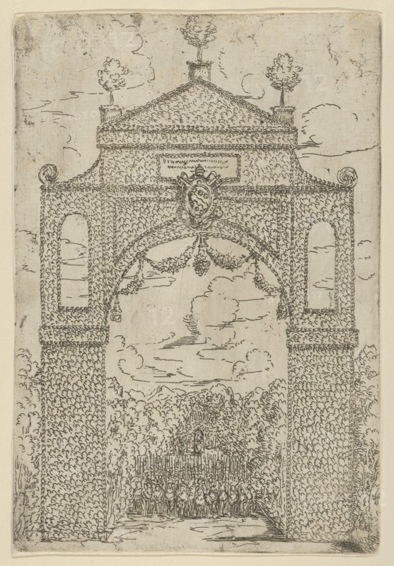 Triumphal arch covered in foliage with mounted troops below, a temporary decoration for th..., 1599. Creator: Guido Reni.