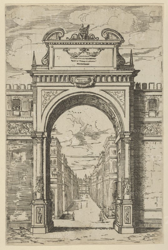 Triumphal arch surmounted by a statue of Moses, buildings seen through the arch below, a t..., 1598. Creator: Guido Reni.