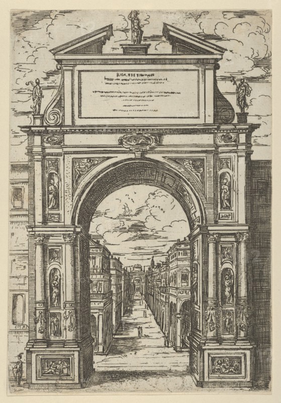 Triumphal arch surmounted by a statue representing the city of Bologna, buildings seen thr..., 1598. Creator: Guido Reni.