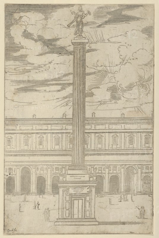 Triumphal column with female figure of Fame holding a trumpet at the top, a temporary deco..., 1598. Creator: Guido Reni.
