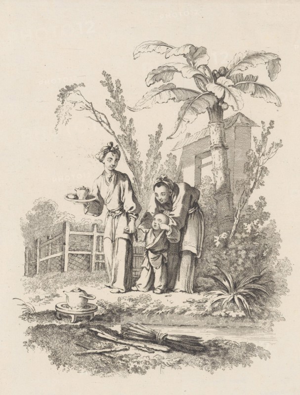 Two Women Leading a Child toward a Teapot on a Table near a Pond, ca. 1742. Creator: Gabriel Huquier.