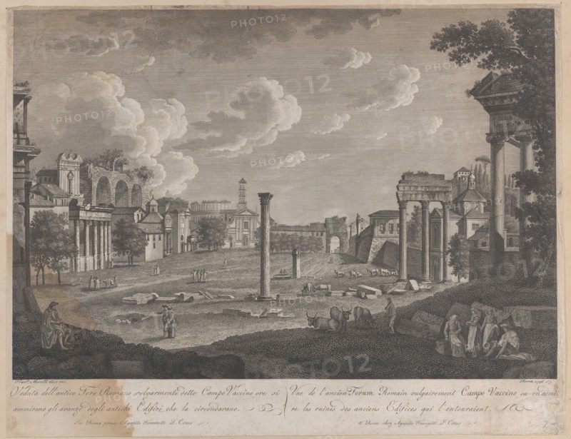 View of the Campo Vaccino, with the Colosseum in the background and the ruins of the Templ..., 1796. Creator: François Morel.