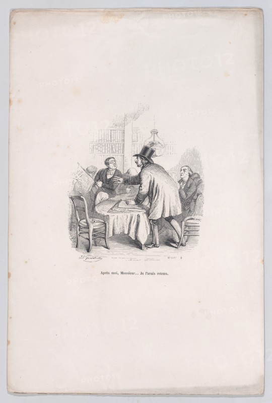 Wait your turn, Monsieur... I had that first. from the Little Miseries of Human Life, 1843. Creator: Brugnot.
