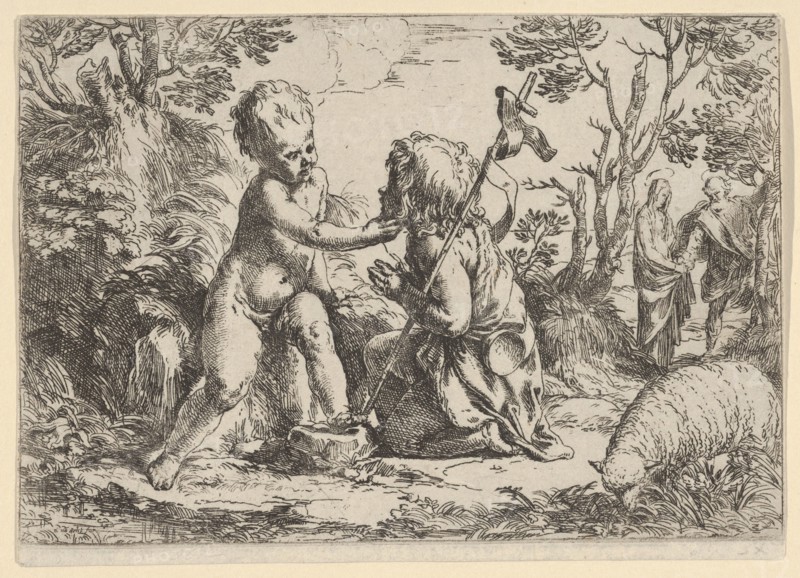 Young Saint John the Baptist kneeling before the infant Christ who caresses his f..., ca. 1600-1640. Creator: Guido Reni.