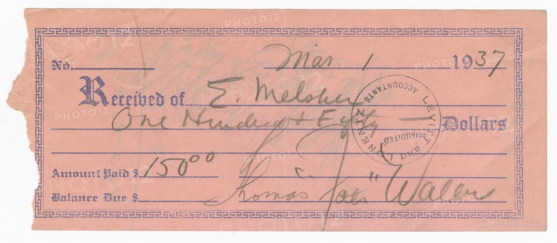 Receipt signed by Fats Waller, March 1, 1937. Creator: Unknown.
