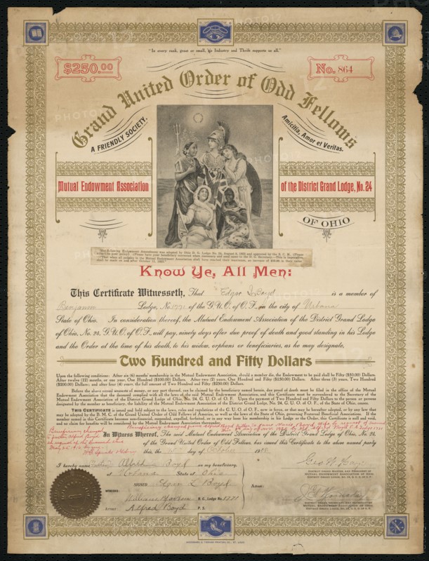 Certificate of endowment for the Grand United Order of Odd Fellows, October 15, 1908. Creator: Unknown.