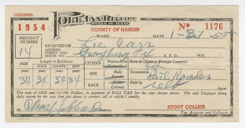 Poll tax receipt for Lee Carr from Hardin County, Texas, 1955. Creator: Unknown.