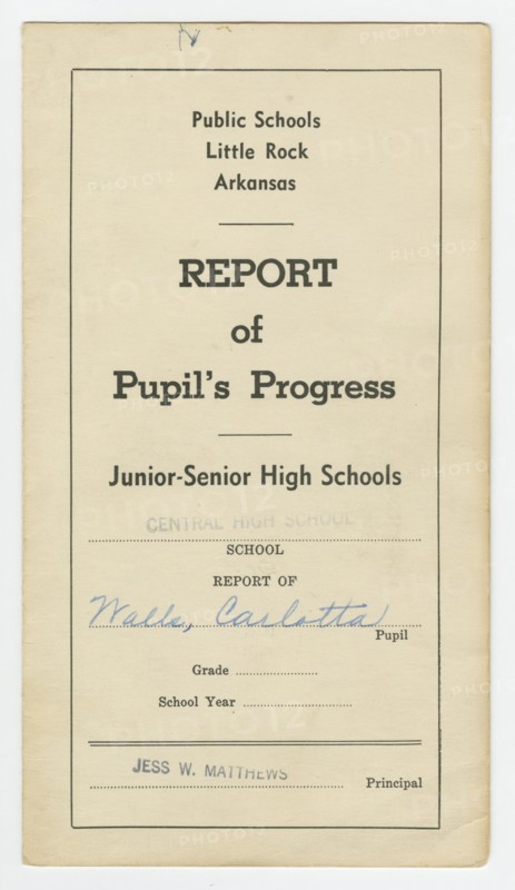 Report card for Carlotta Walls from Little Rock Central High School, 1957 - 1958. Creator: Unknown.