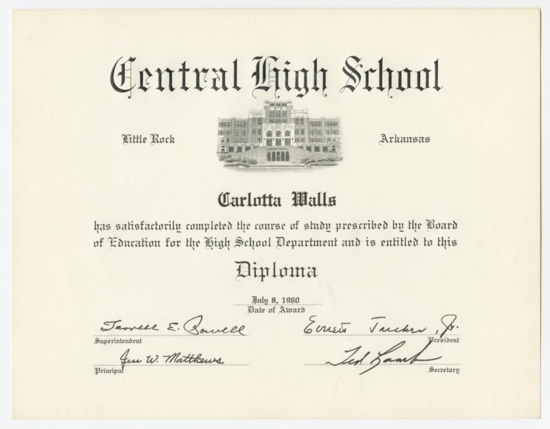 Diploma for Carlotta Walls from Little Rock Central High School, July 8, 1960. Creator: Unknown.