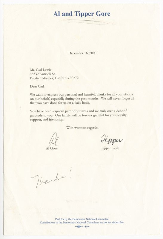 Letter from Vice President Al Gore and his wife Tipper Gore to Carl Lewis, December 16, 2000. Creators: Unknown, Al Gore.