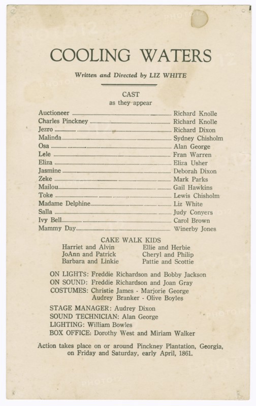 Cast listing for Shearer Summer Theatre's production of Cooling Waters, 1948. Creator: Unknown.