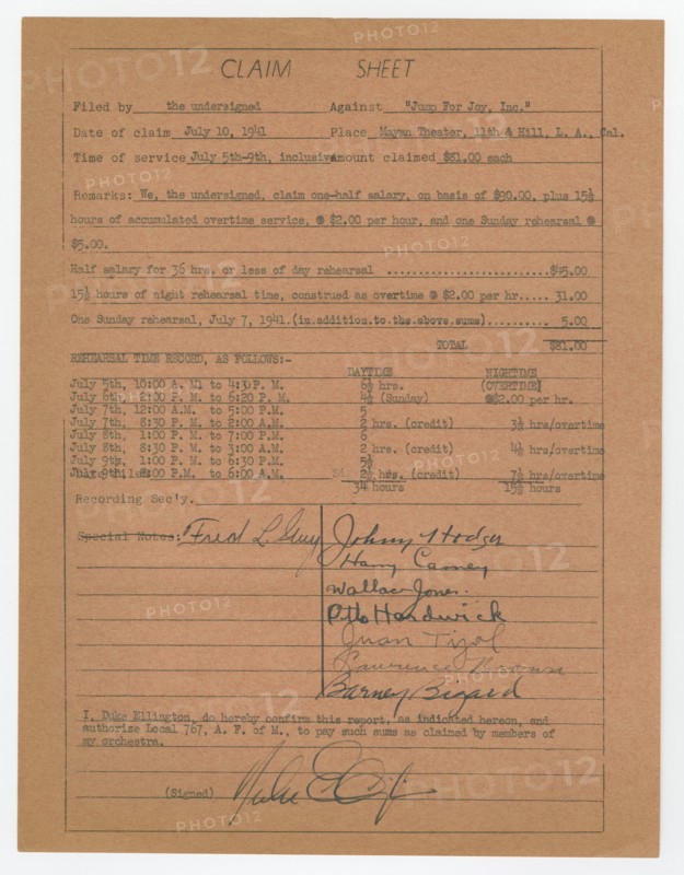 Claim sheet for unpaid salary for orchestra musicians, 1941. Creator: Unknown.