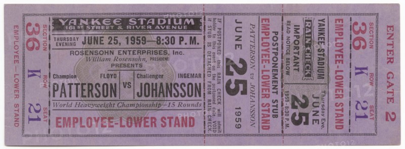 Ticket to a boxing match between Floyd Patterson and Ingemar Johansson, June 25, 1959. Creator: Unknown.