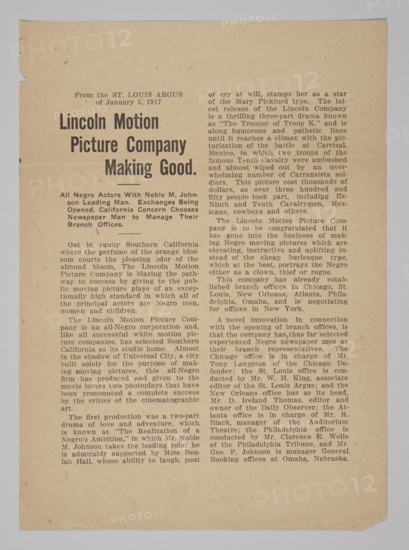 Press Release from the Lincoln Motion Picture Company, January 5, 1917. Creator: Unknown.