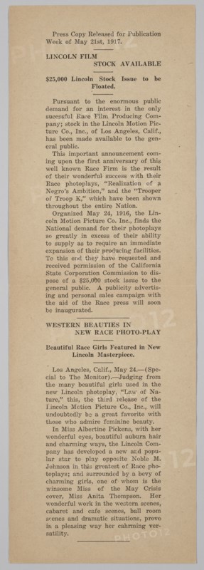 Press release from the Lincoln Motion Picture Company, May 21, 1917. Creator: Unknown.