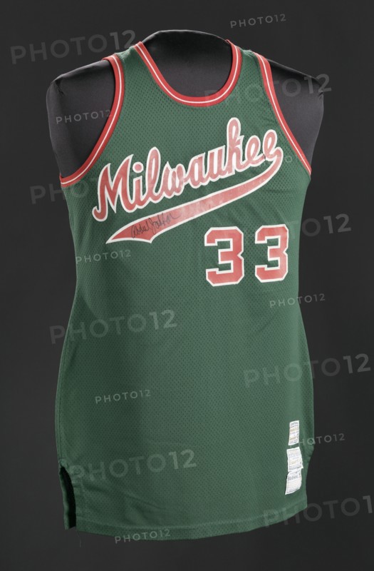 Jersey for the Milwaukee Bucks worn and signed by Kareem Abdul-Jabar, 1973-1975. Creator: Sand-Knit.