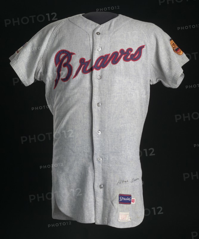 Jersey for the Atlanta Braves worn and autographed by Hank Aaron, 1968-1969. Creator: Spalding.