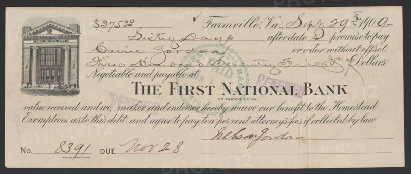 Bill of exchange between Carrie Jordan and Nelson Jordan, September 29, 1909. Creator: Unknown.