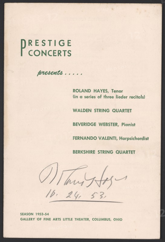 Programme from a concert featuring Roland Hayes, 1953. Creator: Unknown.