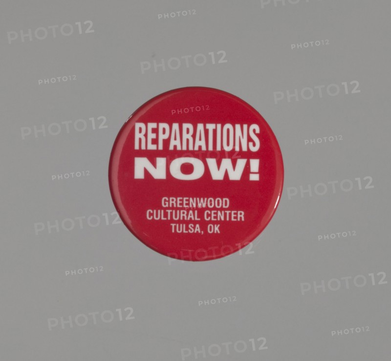 Pinback button promoting reparations for the Tulsa Race Massacre, ca. 2001. Creator: Unknown.