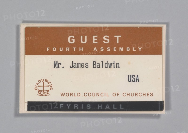 World Council of Churches guest badge for James Baldwin, July 1968. Creator: Unknown.