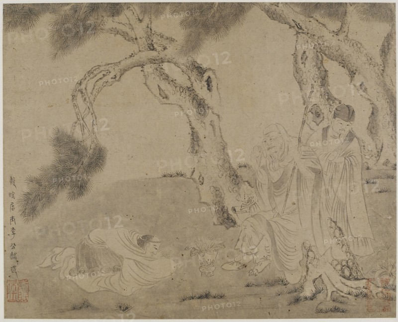 Luohan, attendant, and worshipper under pines, Yuan or Ming dynasty, 1279-1644. Creator: Unknown.