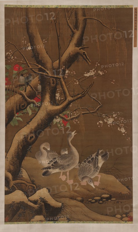 A group of geese under snow-covered willow and blossoming trees, Ming dynasty, 16th-17th cent. Creator: Unknown.
