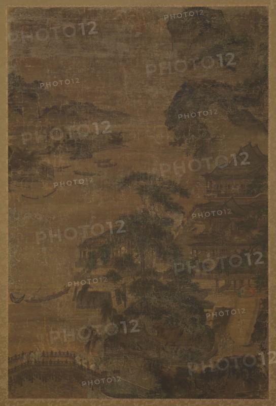 River landscape: mountains, pine-trees, and buildings, Ming dynasty, 1368-1644. Creator: Unknown.