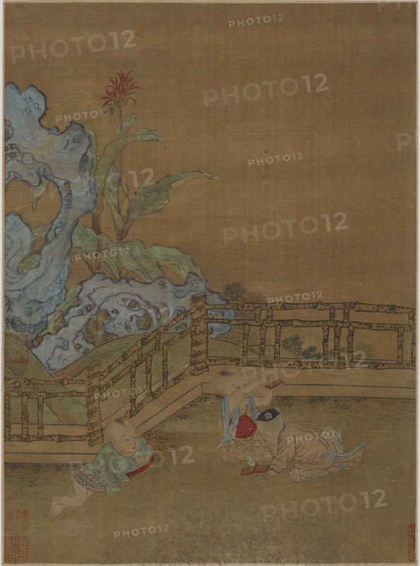 Three children playing on a garden terrace, Ming dynasty, 1368-1644. Creator: Unknown.