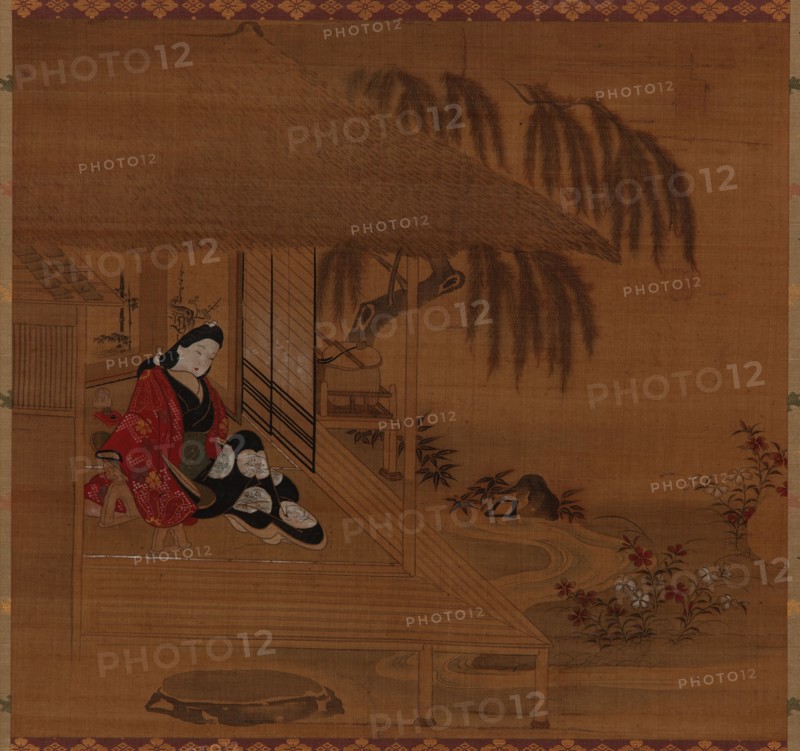 Garden; interior and seated girl, Edo period, 1615-1868. Creator: Furuyama Moroshige.