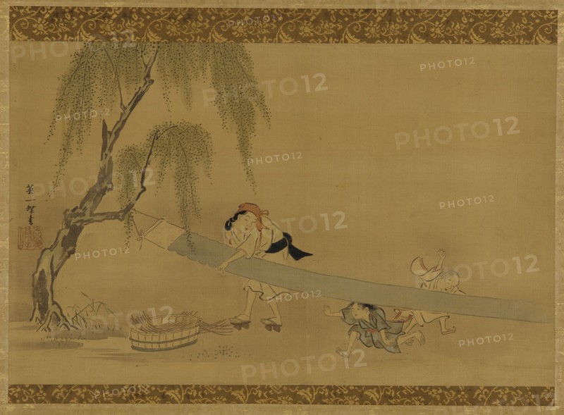 Woman stretching cloth to dry; two children at play, Edo period, late 17th-early 18th century. Creator: Hanabusa Itcho.