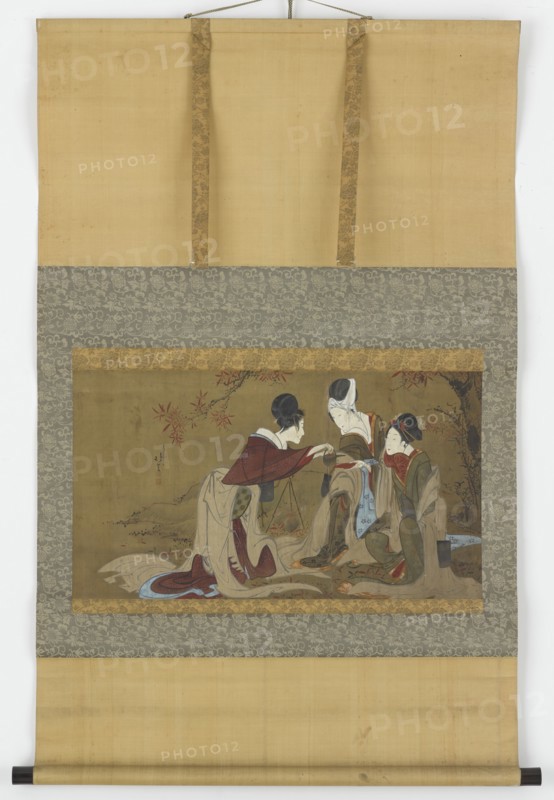 Three shirabyoshi drinking sake heated over a fire of autumn leaves, Edo period, 1800-1850. Creator: Hokuga.