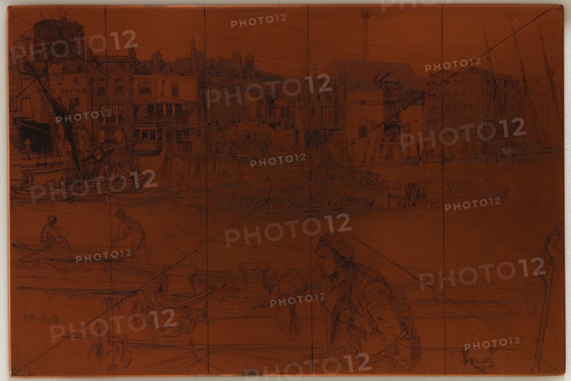 Etching plate: Black Lion Wharf, 1859. Creator: James Abbott McNeill Whistler.