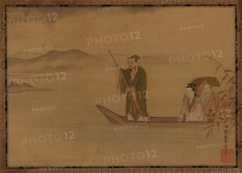 Chinese man and woman in a boat, Edo period, mid 17th century. Creator: Kano Yasunobu.