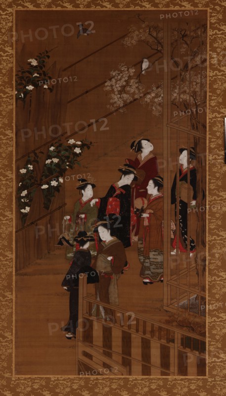 Seven women walking near a football court, Edo period, mid-late 18th century. Creator: Shunsho.